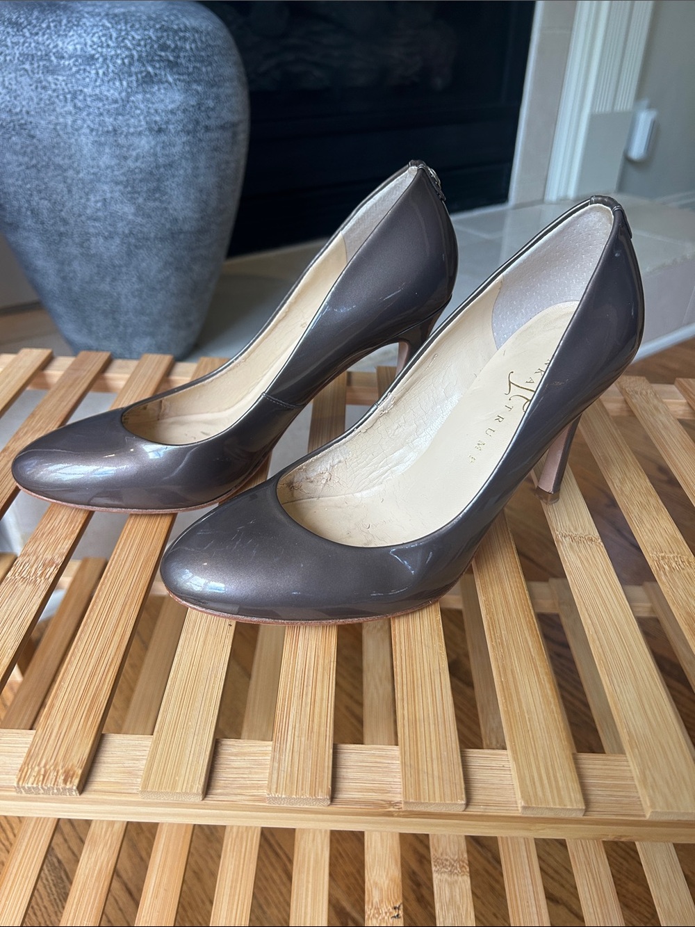 *can’t ship until 05/16* Ivanka Trump Glossy Taupe Patent Leather Pumps